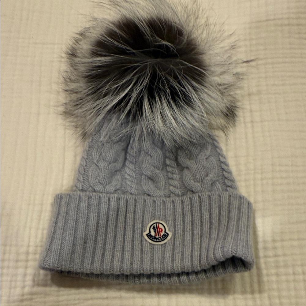 Moncler Light Gray Knit Beanie with Pom-Pom